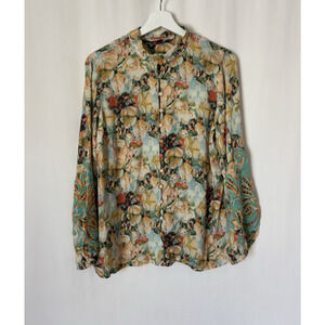 Soft Surroundings Blouse Top Large Floral Boho Green Button Up